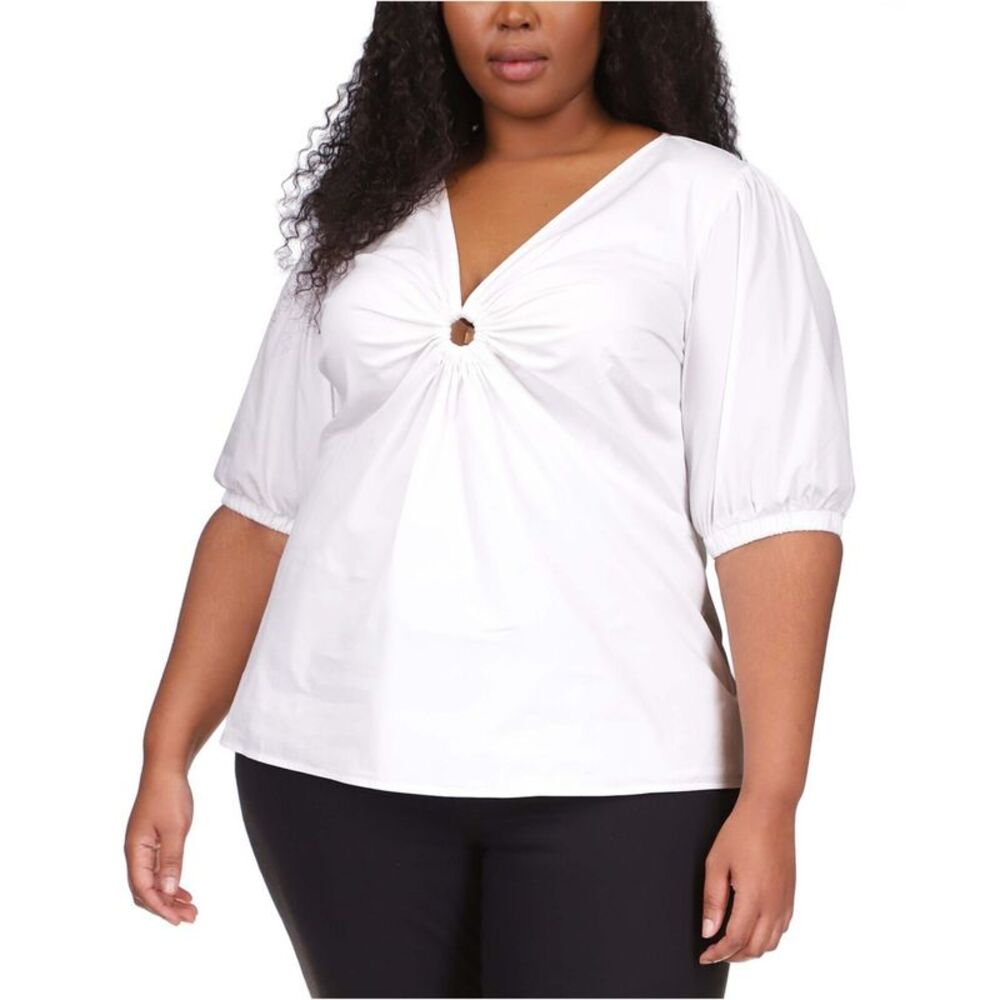 Michael Kors Womens O-Ring Poplin Knit Blouse, White, Plus Size, 1X, DM